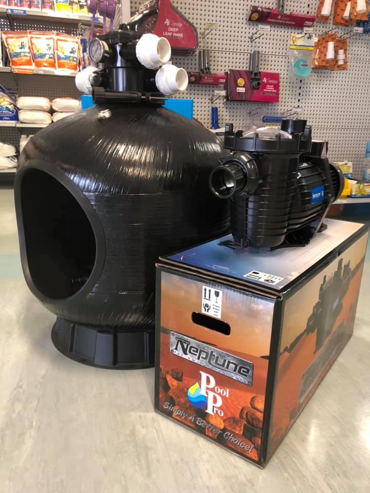 Sand filter and pump on display in the shop